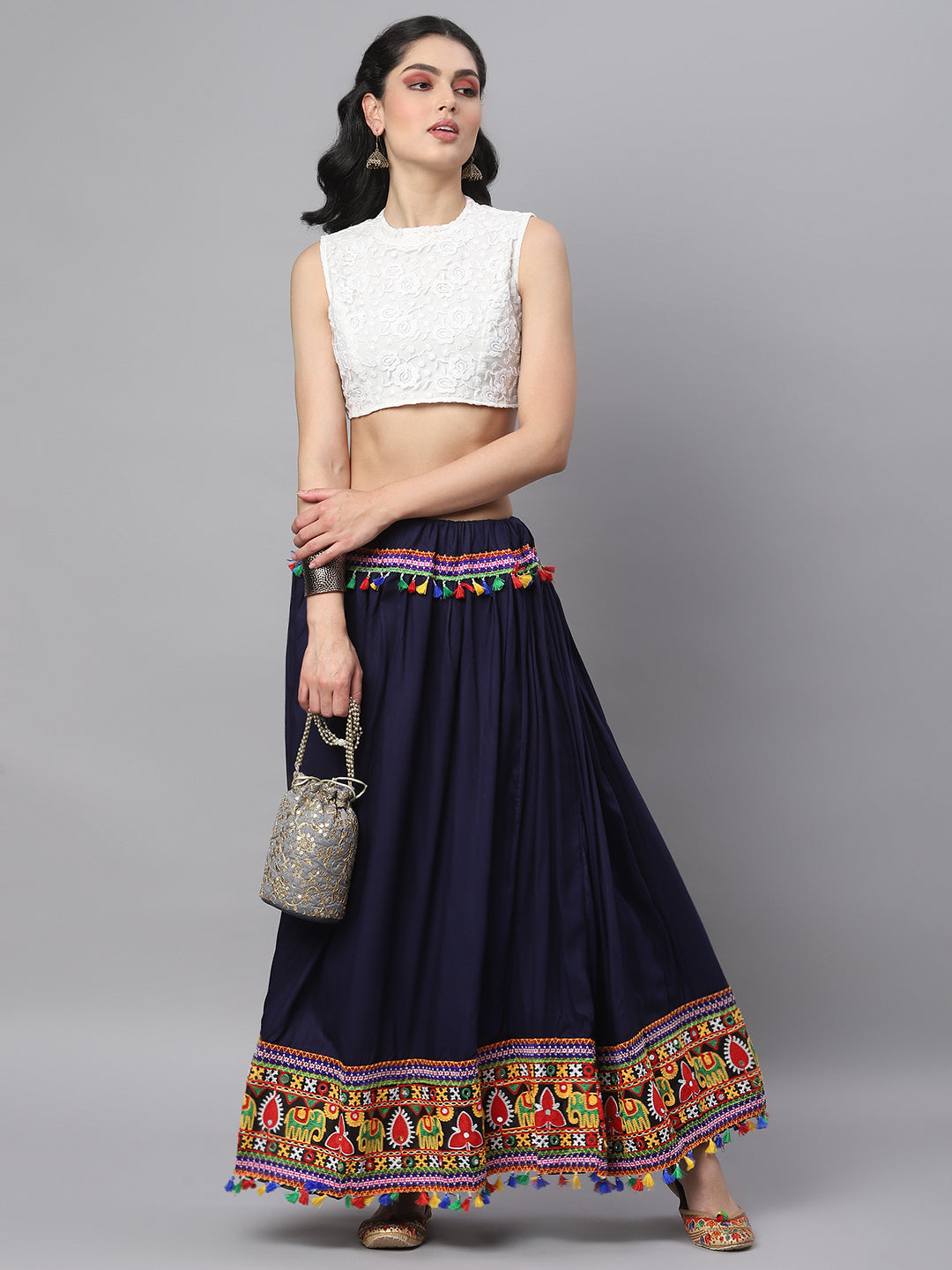Banjara India Kutchi Embroidered Border Rayon Skirt/Chaniya - SKIRT-ELE-NAVYBLUE (2.2m)
