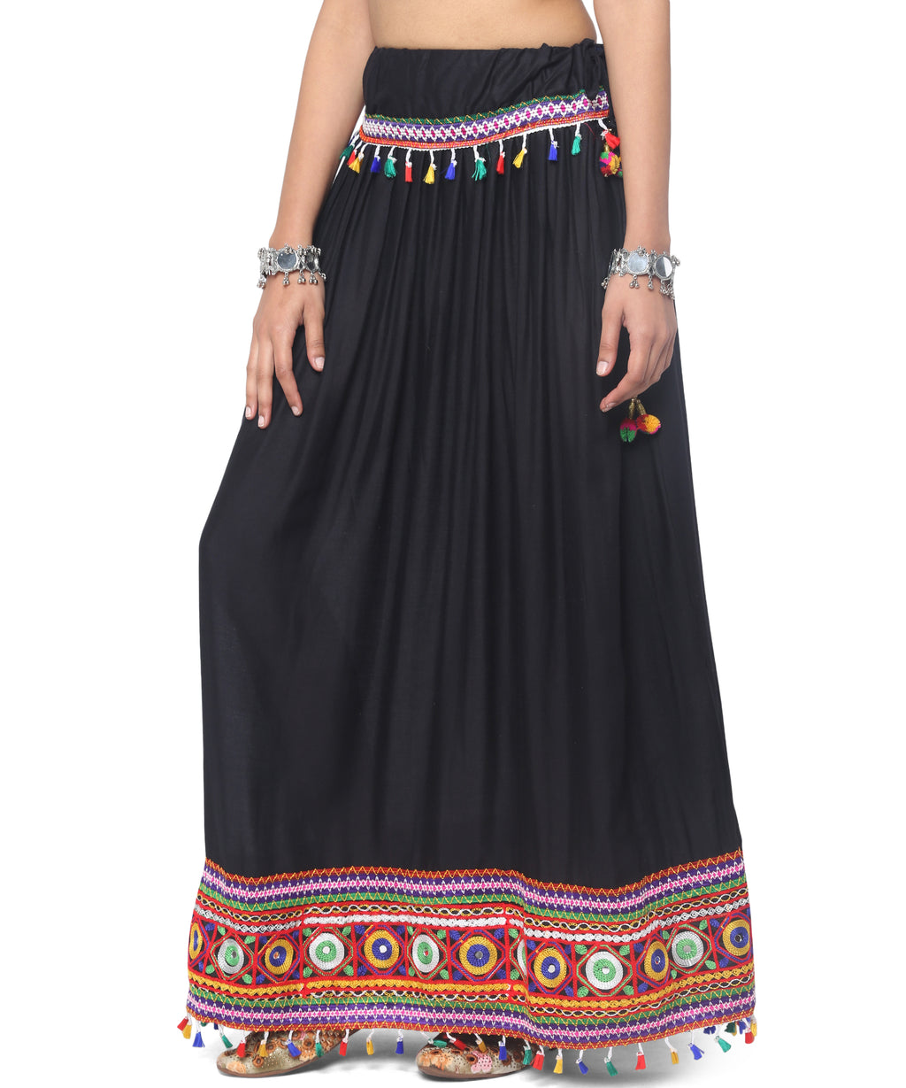 Banjara India Kutchi Embroidered Border Rayon Skirt/Chaniya - SKR-1000-Black (2.2m)