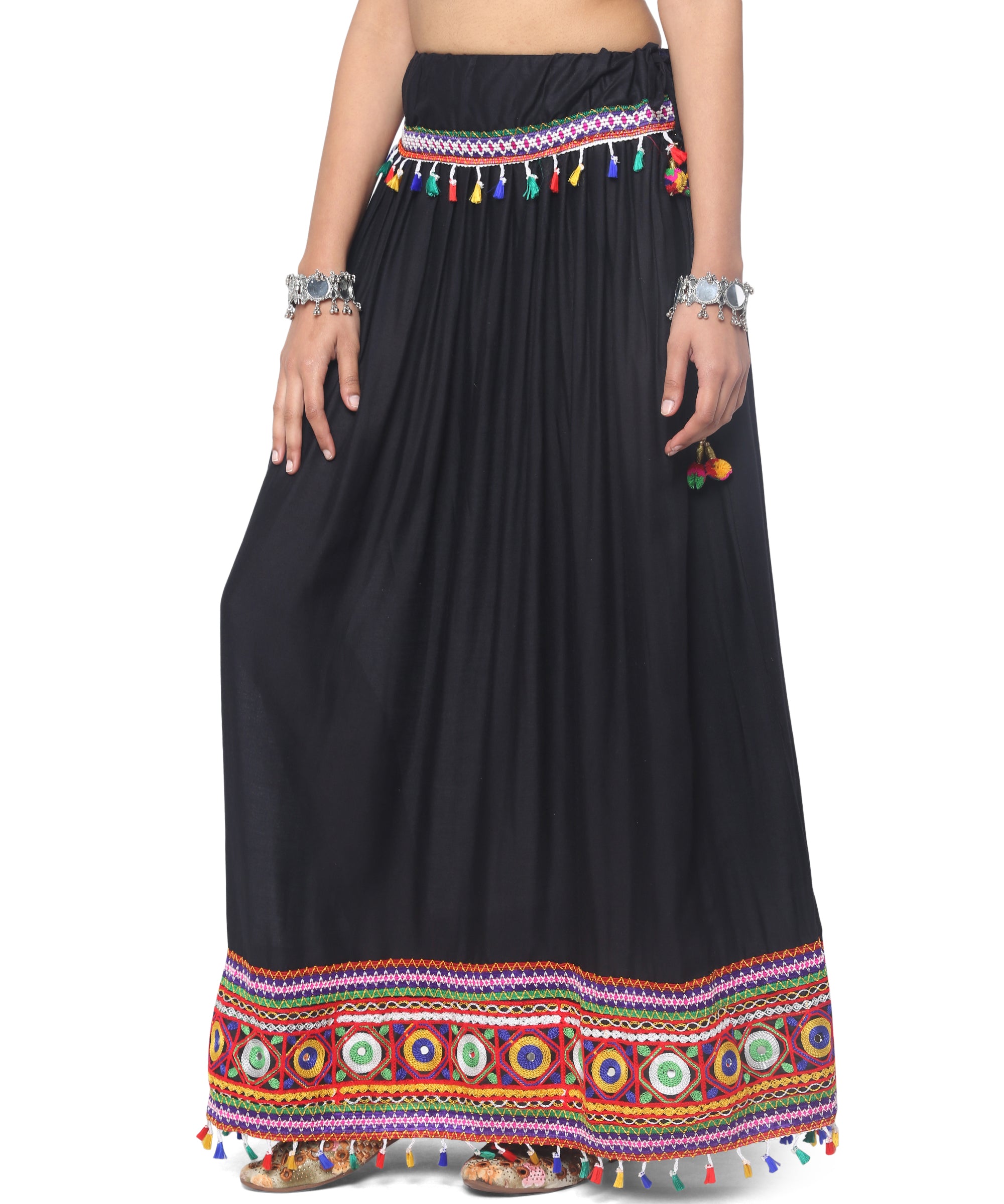 Banjara India Kutchi Embroidered Border Rayon Skirt/Chaniya - SKR-1000-Black (2.2m)