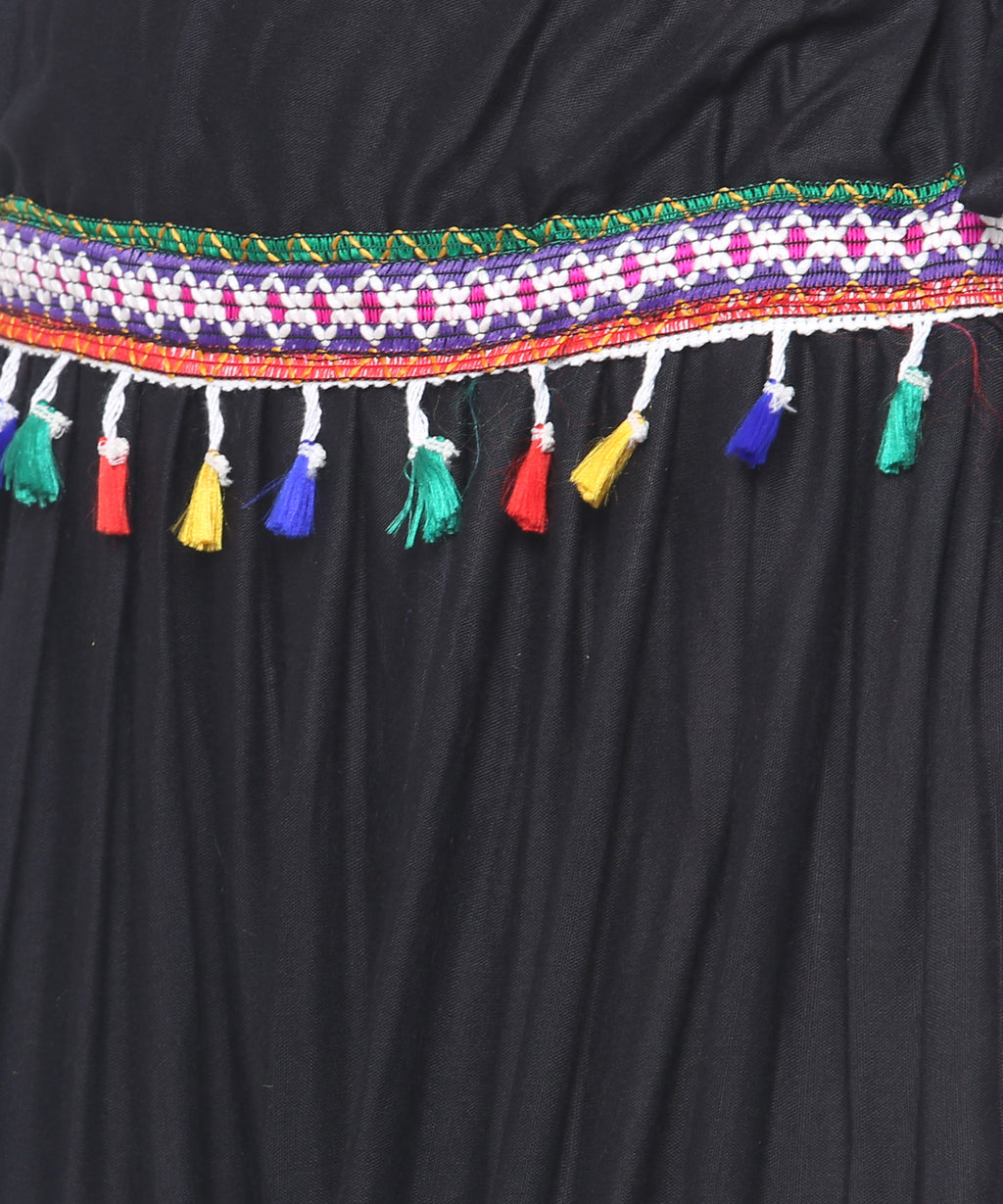 Banjara India Kutchi Embroidered Border Rayon Skirt/Chaniya - SKR-1000-Black (2.2m)