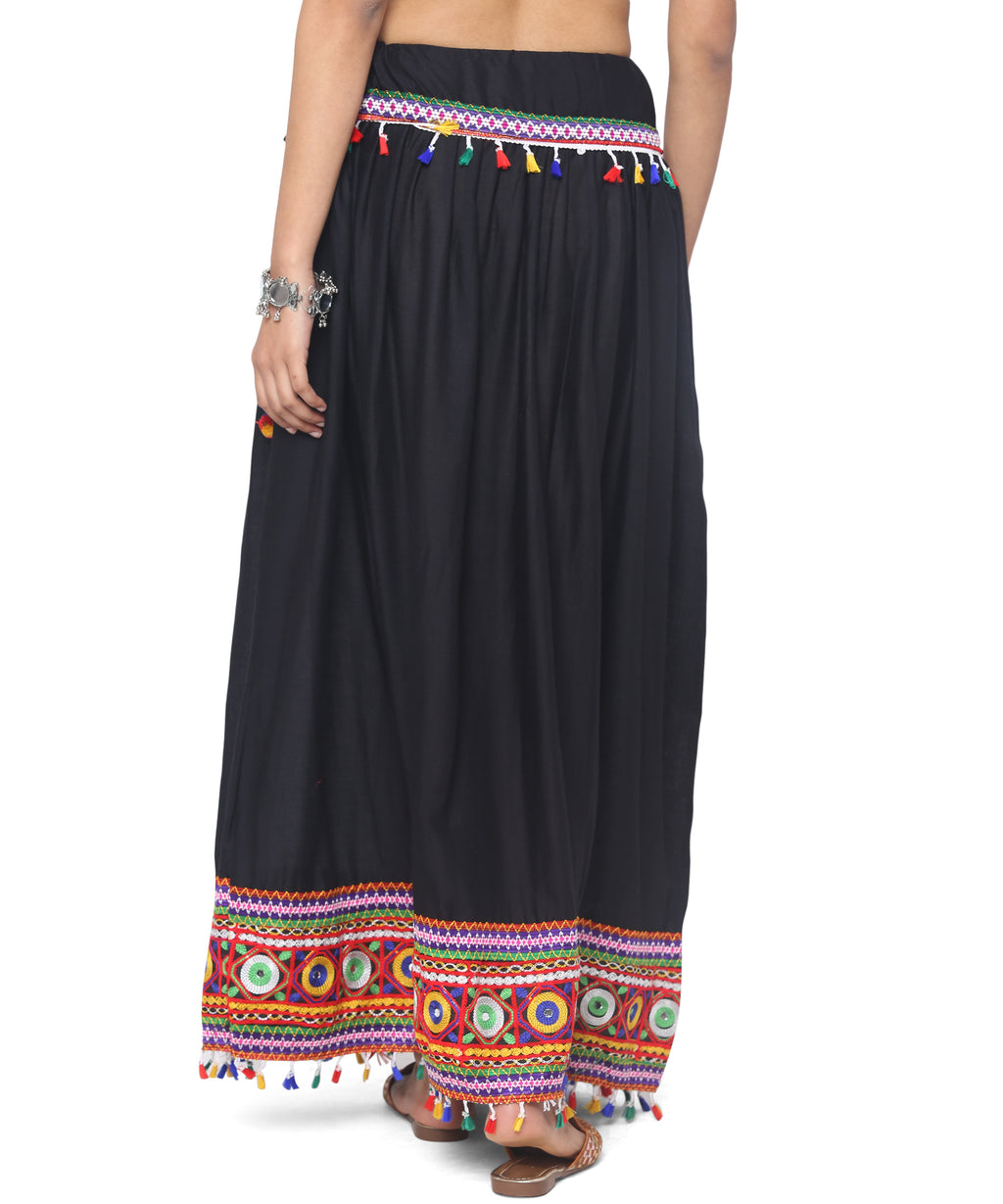 Banjara India Kutchi Embroidered Border Rayon Skirt/Chaniya - SKR-1000-Black (2.2m)