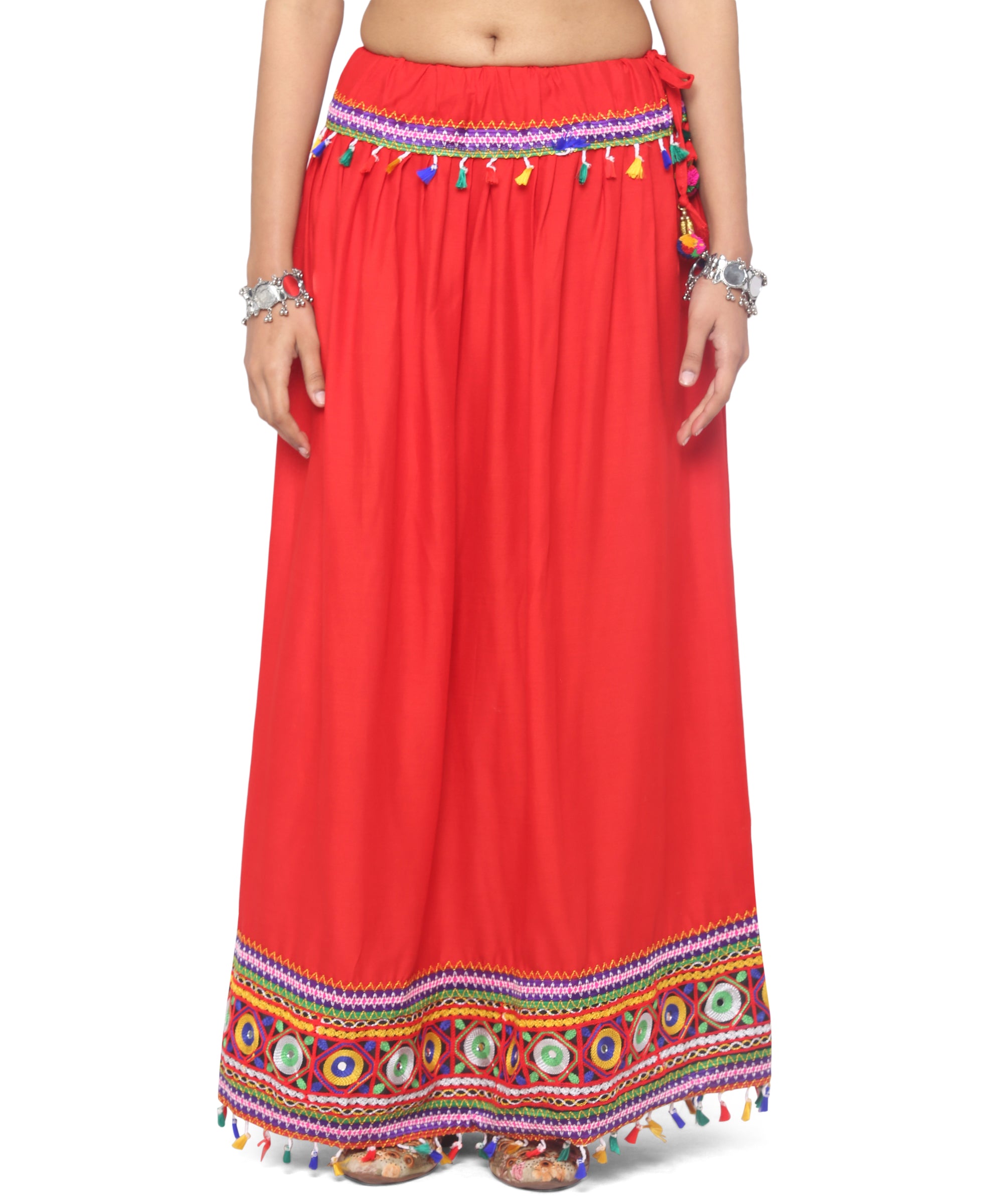 Banjara India Kutchi Embroidered Border Rayon Skirt/Chaniya - SKR-1000-Red (2.2m)