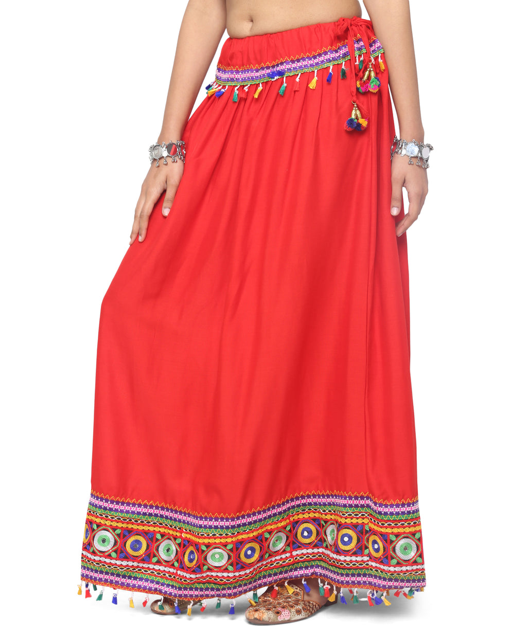 Banjara India Kutchi Embroidered Border Rayon Skirt/Chaniya - SKR-1000-Red (2.2m)