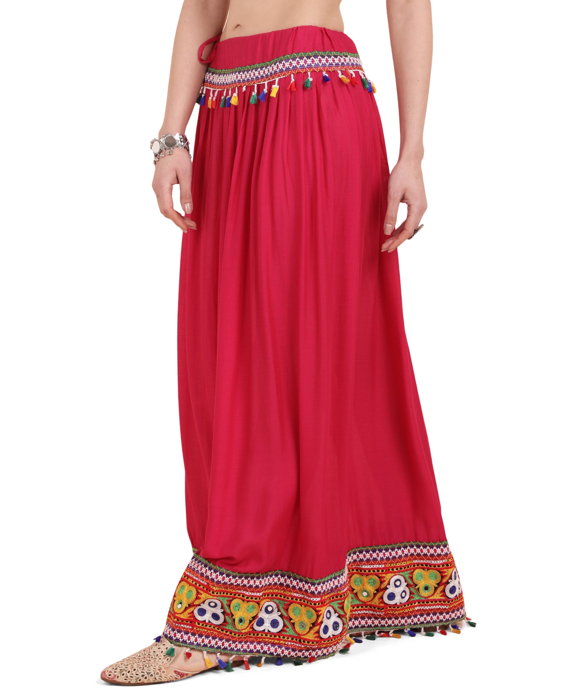 Banjara India Kutchi Embroidered Border Rayon Skirt/Chaniya - SKR-2000-Pink (2.2m)