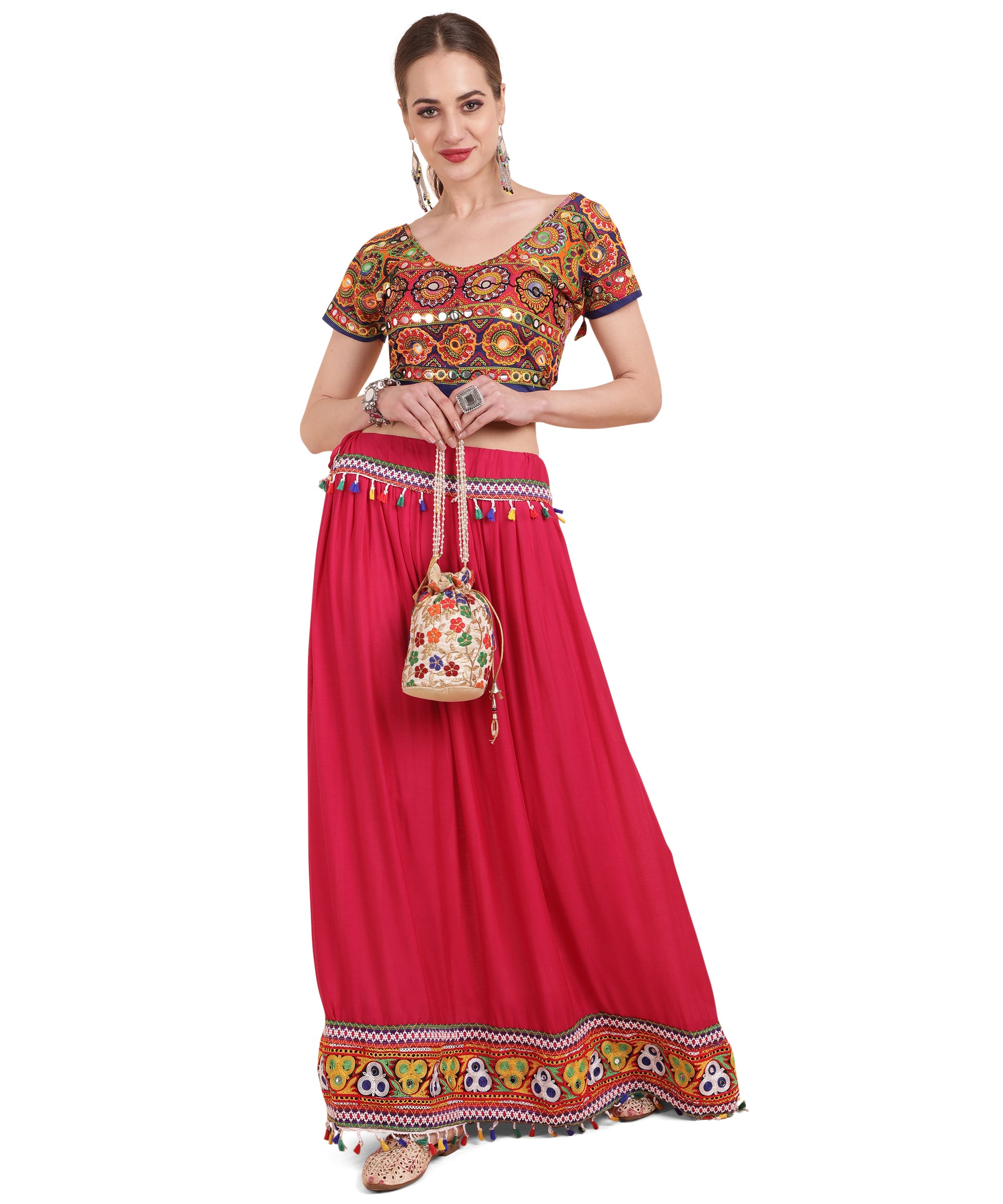Banjara India Kutchi Embroidered Border Rayon Skirt/Chaniya - SKR-2000-Pink (2.2m)
