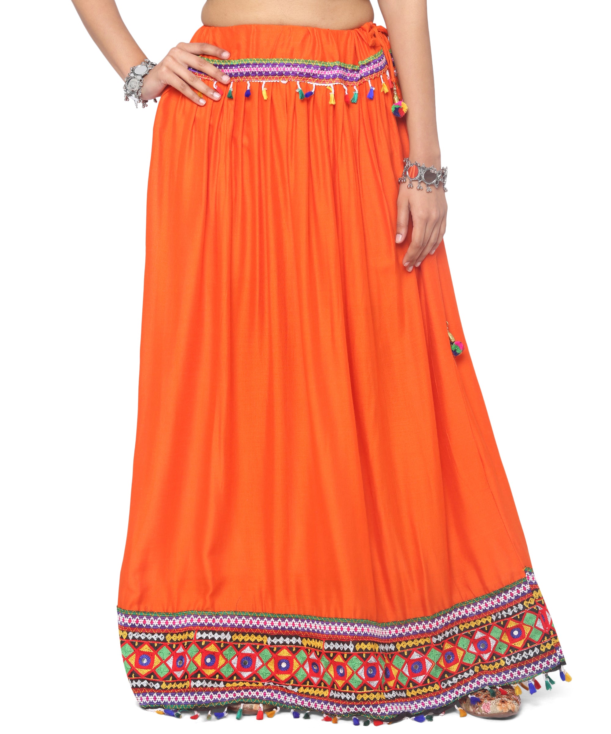 Banjara India Kutchi Embroidered Border Rayon Skirt/Chaniya - SKR-3000-Orange (2.2m)