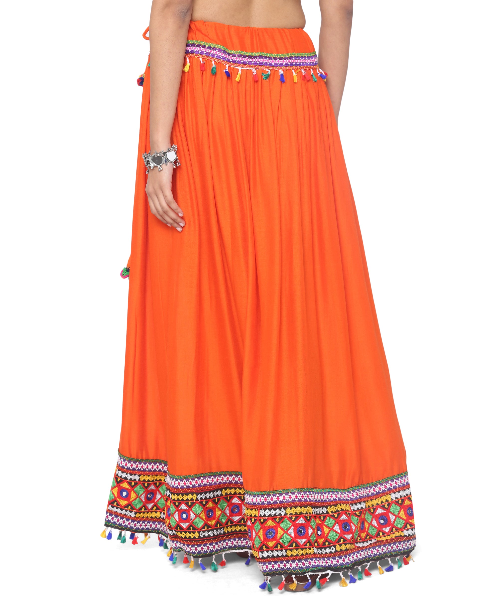 Banjara India Kutchi Embroidered Border Rayon Skirt/Chaniya - SKR-3000-Orange (2.2m)
