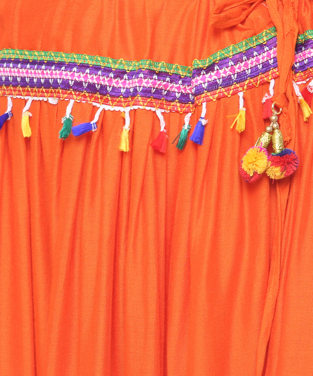 Banjara India Kutchi Embroidered Border Rayon Skirt/Chaniya - SKR-3000-Orange (2.2m)