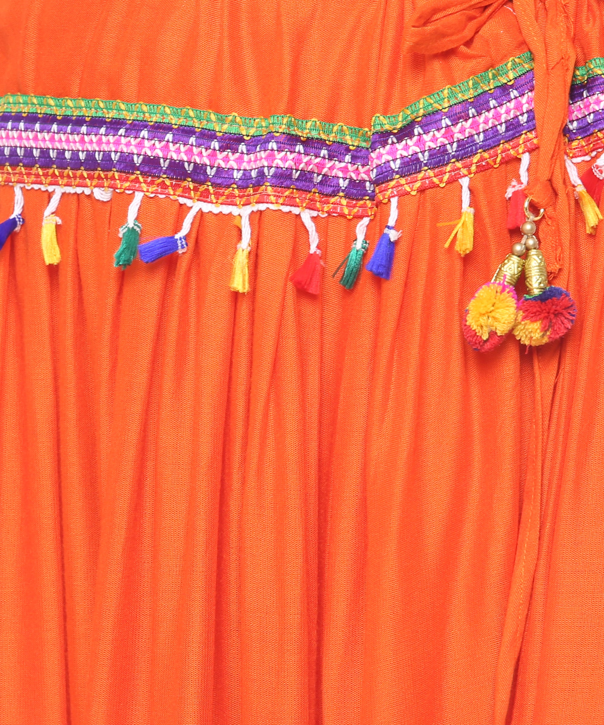 Banjara India Kutchi Embroidered Border Rayon Skirt/Chaniya - SKR-3000-Orange (2.2m)