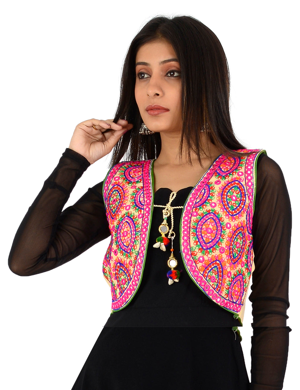 Banjara India Women’s Cotton Blend Kutchi Embroidered Sleeveless Short Ethnic Jacket/Koti (SSE-1001) – Beige - Banjara India
