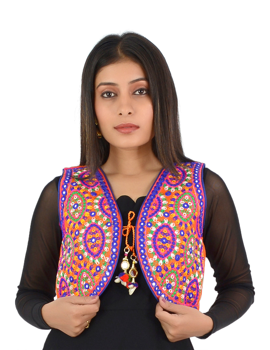 Banjara India Women’s Cotton Blend Kutchi Embroidered Sleeveless Short Ethnic Jacket/Koti (SSE-1001) – Orange - Banjara India