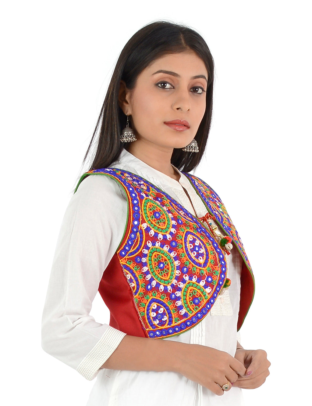 Banjara India Women’s Cotton Blend Kutchi Embroidered Sleeveless Short Ethnic Jacket/Koti (SSE-1001) – Red - Banjara India
