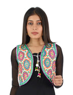 Banjara India Women’s Cotton Blend Kutchi Embroidered Sleeveless Short Ethnic Jacket/Koti (SSE-1001) – White - Banjara India