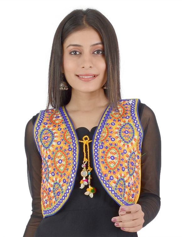 Banjara India Women’s Cotton Blend Kutchi Embroidered Sleeveless Short Ethnic Jacket/Koti (SSE-1001) – Yellow - Banjara India