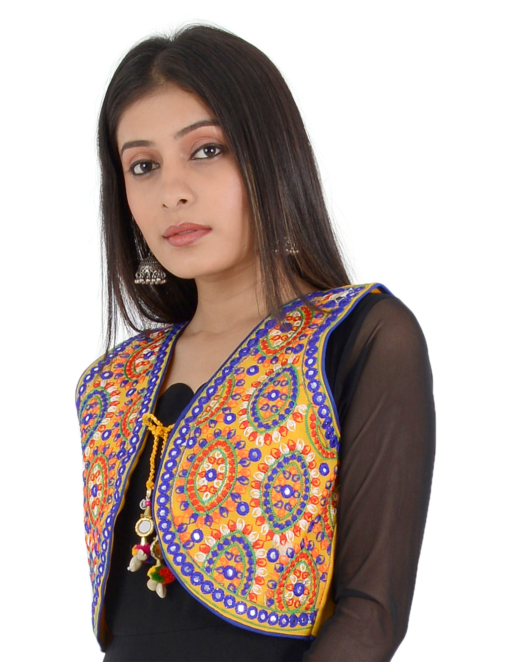 Banjara India Women’s Cotton Blend Kutchi Embroidered Sleeveless Short Ethnic Jacket/Koti (SSE-1001) – Yellow - Banjara India