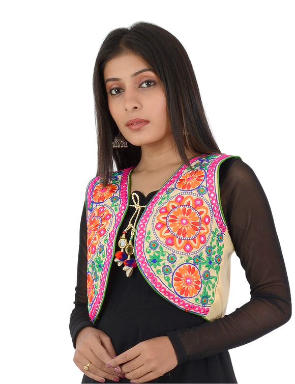 Banjara India Women’s Cotton Blend Kutchi Embroidered Sleeveless Short Ethnic Jacket/Koti (SSE-2002) – Beige - Banjara India