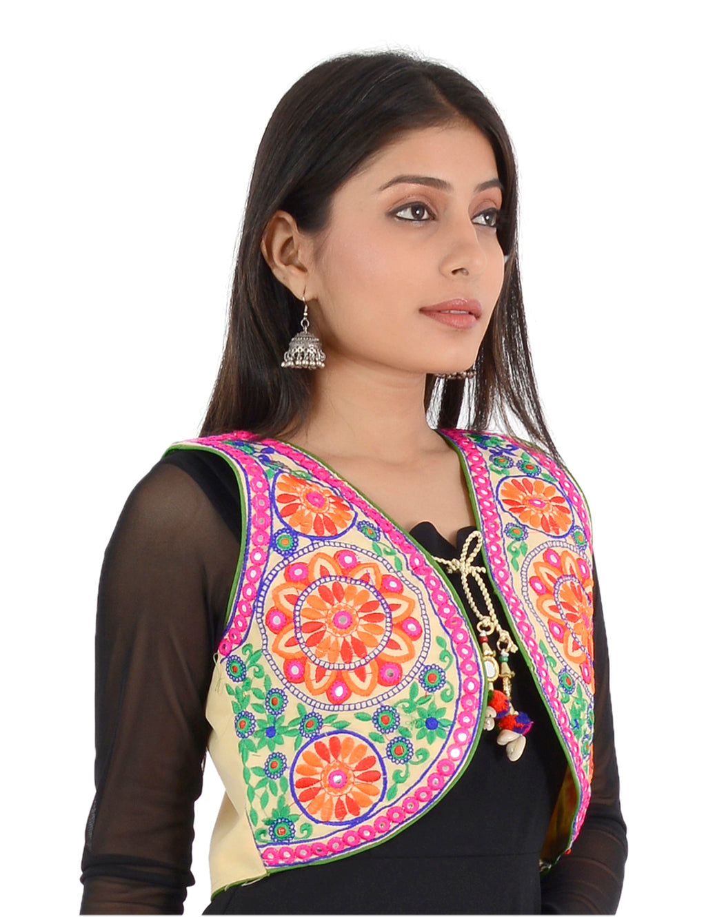Banjara India Women’s Cotton Blend Kutchi Embroidered Sleeveless Short Ethnic Jacket/Koti (SSE-2002) – Beige - Banjara India