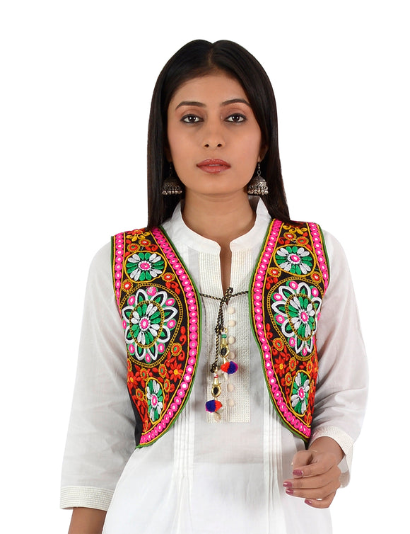 Banjara India Women’s Cotton Blend Kutchi Embroidered Sleeveless Short Ethnic Jacket/Koti (SSE-2002) – Black - Banjara India