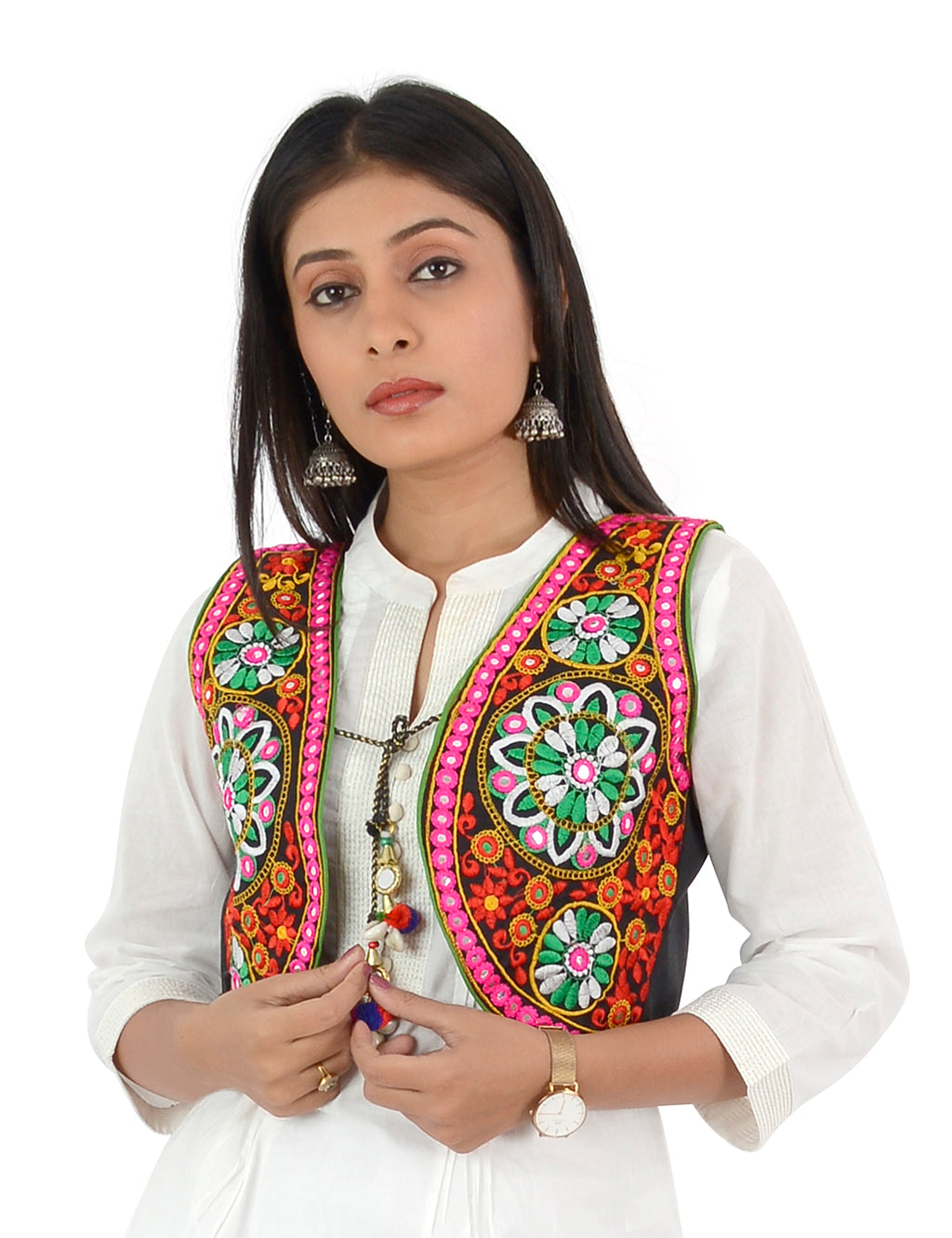 Banjara India Women’s Cotton Blend Kutchi Embroidered Sleeveless Short Ethnic Jacket/Koti (SSE-2002) – Black - Banjara India