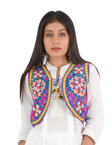 Banjara India Women’s Cotton Blend Kutchi Embroidered Sleeveless Short Ethnic Jacket/Koti (SSE-2002) – Blue - Banjara India