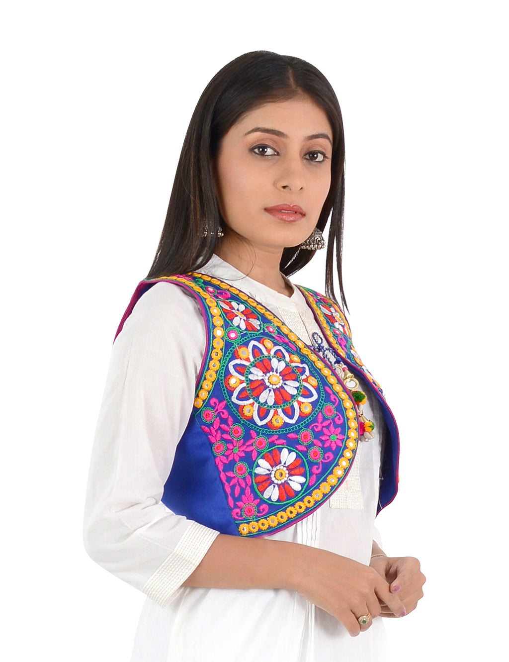 Banjara India Women’s Cotton Blend Kutchi Embroidered Sleeveless Short Ethnic Jacket/Koti (SSE-2002) – Blue - Banjara India