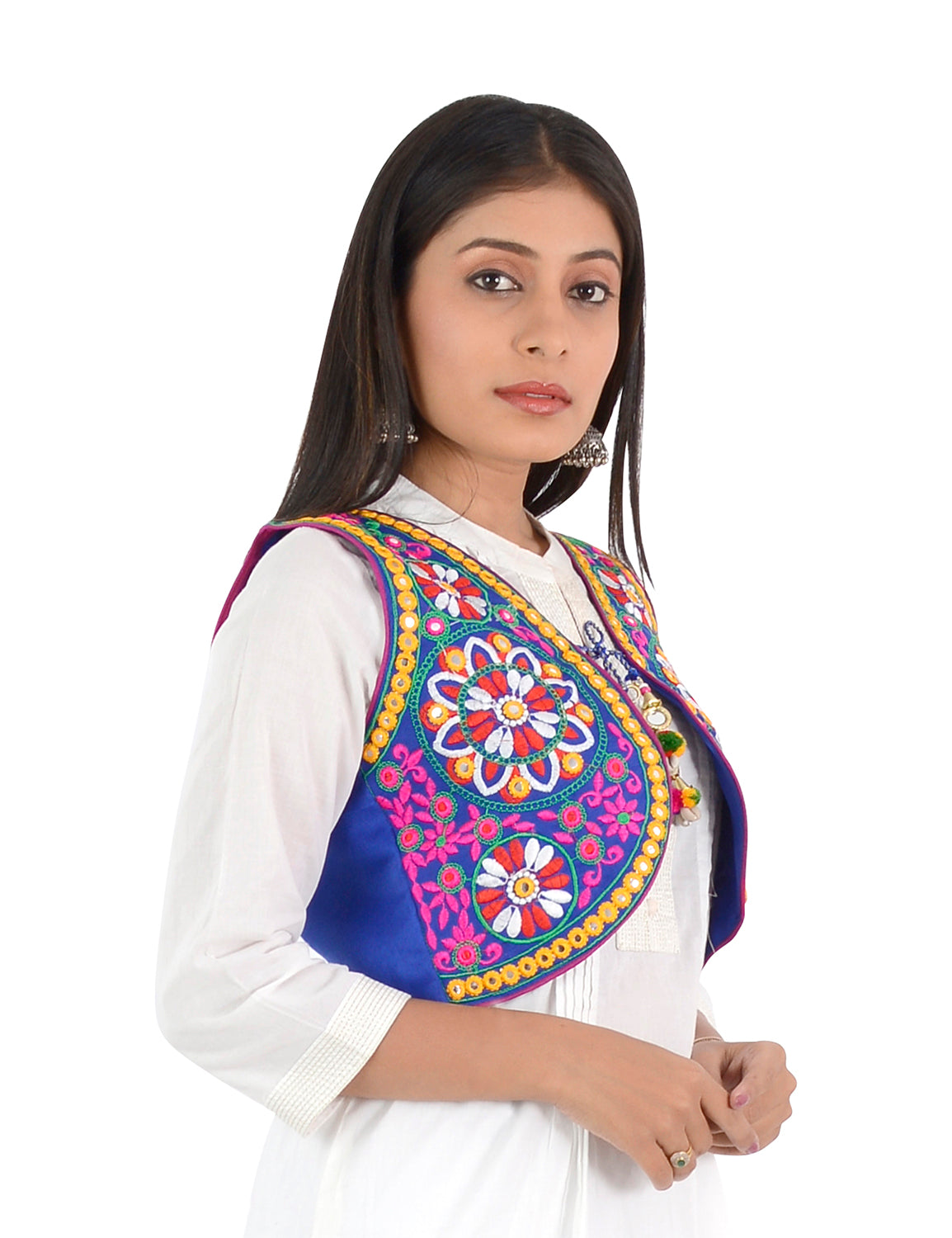 Banjara India Women’s Cotton Blend Kutchi Embroidered Sleeveless Short Ethnic Jacket/Koti (SSE-2002) – Blue - Banjara India