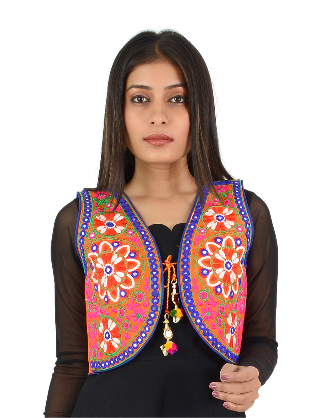 Banjara India Women’s Cotton Blend Kutchi Embroidered Sleeveless Short Ethnic Jacket/Koti (SSE-2002) – Orange - Banjara India