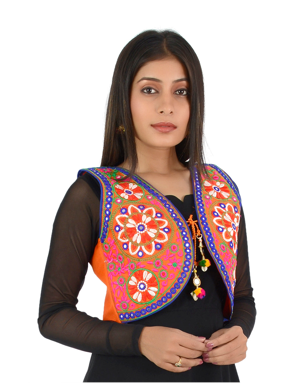 Banjara India Women’s Cotton Blend Kutchi Embroidered Sleeveless Short Ethnic Jacket/Koti (SSE-2002) – Orange - Banjara India