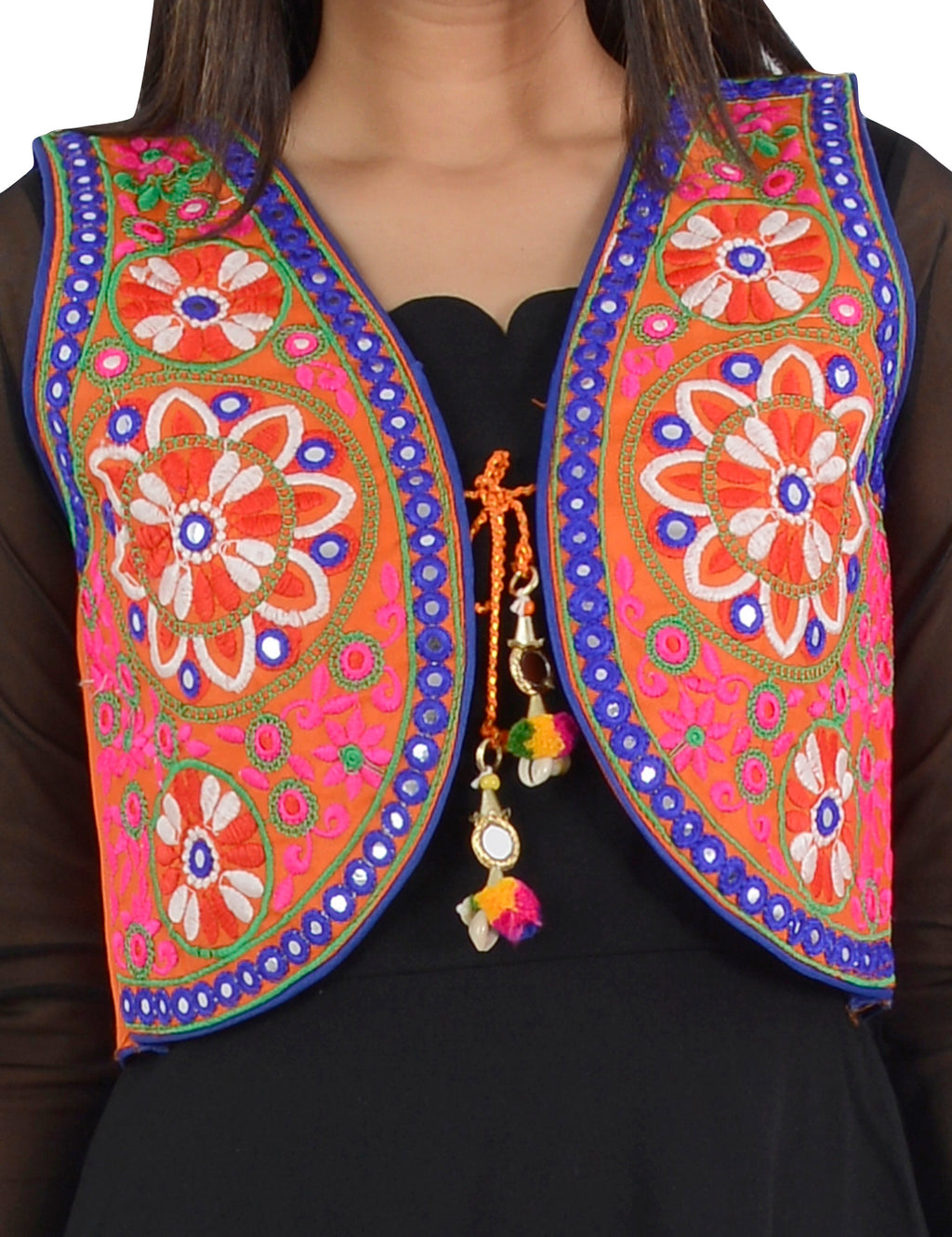 Banjara India Women’s Cotton Blend Kutchi Embroidered Sleeveless Short Ethnic Jacket/Koti (SSE-2002) – Orange - Banjara India