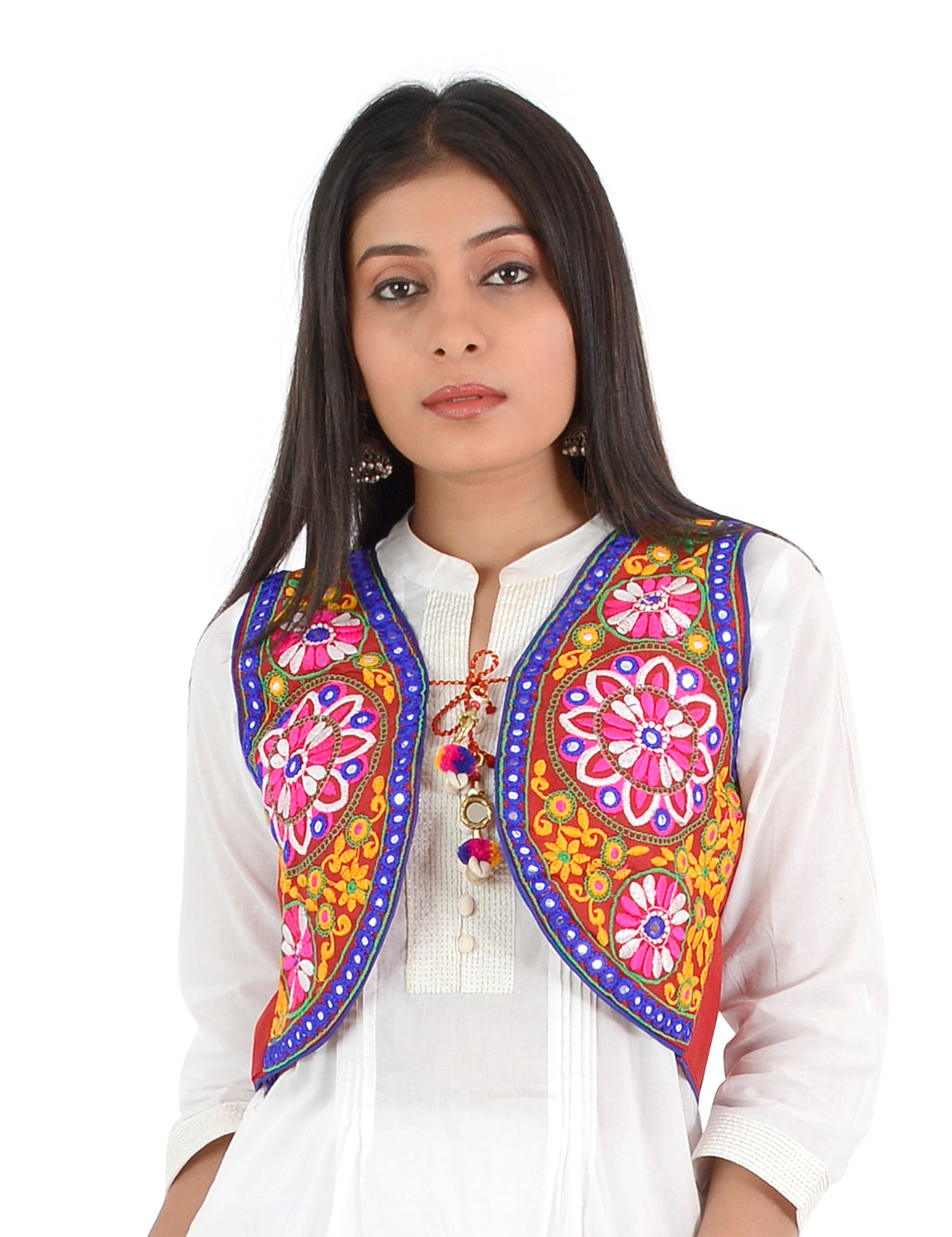 Banjara India Women’s Cotton Blend Kutchi Embroidered Sleeveless Short Ethnic Jacket/Koti (SSE-2002) – Red - Banjara India
