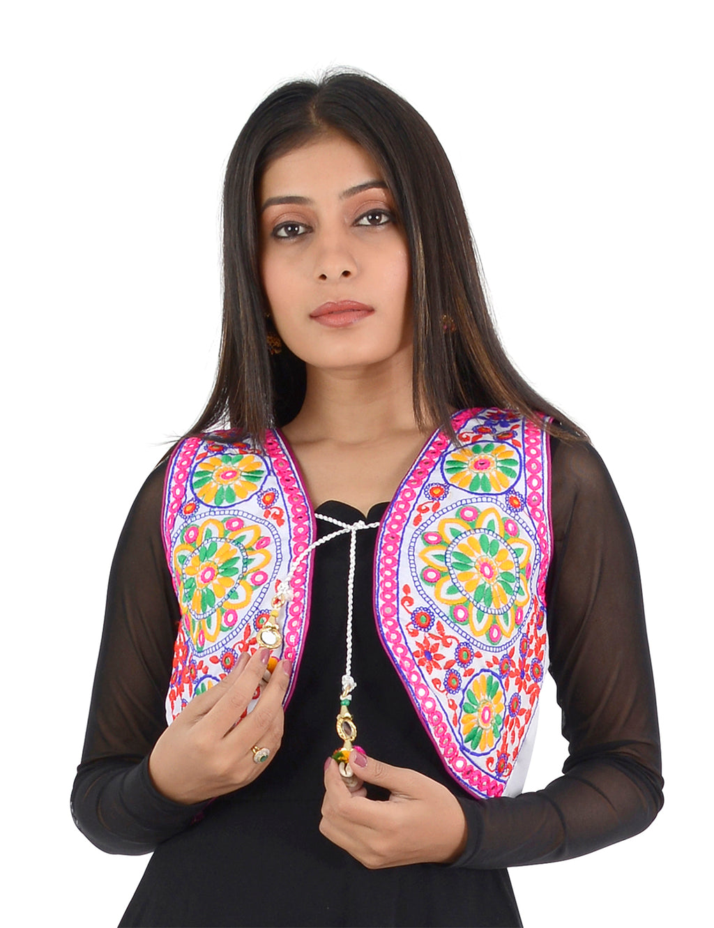 Banjara India Women’s Cotton Blend Kutchi Embroidered Sleeveless Short Ethnic Jacket/Koti (SSE-2002) – White - Banjara India