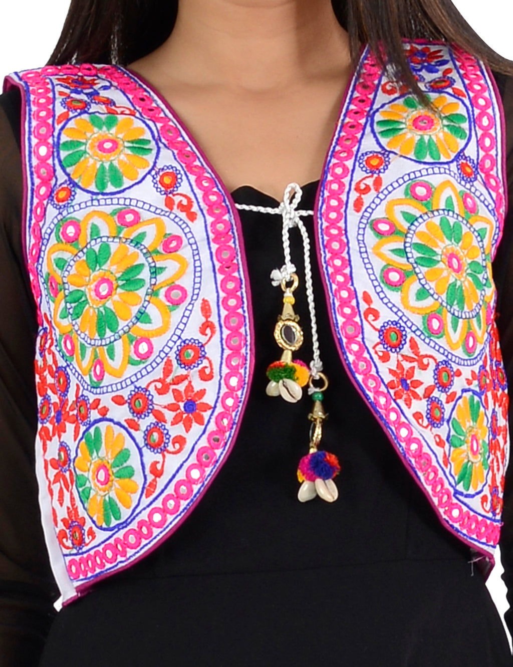 Banjara India Women’s Cotton Blend Kutchi Embroidered Sleeveless Short Ethnic Jacket/Koti (SSE-2002) – White - Banjara India