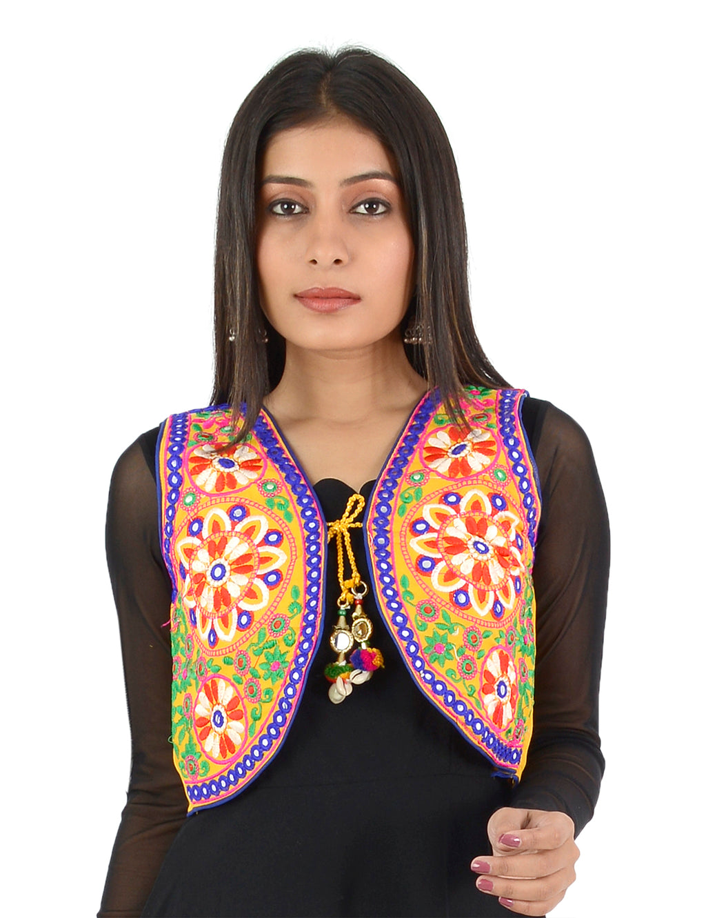 Banjara India Women’s Cotton Blend Kutchi Embroidered Sleeveless Short Ethnic Jacket/Koti (SSE-2002) – Yellow - Banjara India