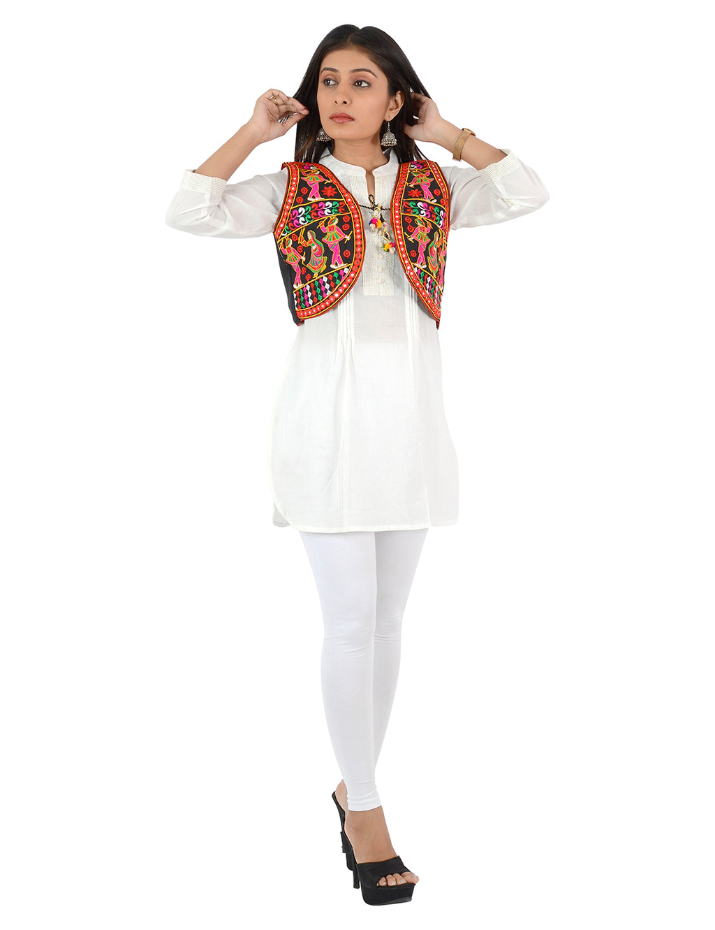 Banjara India Women’s Cotton Blend Kutchi Embroidered Sleeveless Short Ethnic Jacket/Koti (SSE-3003) – Black - Banjara India