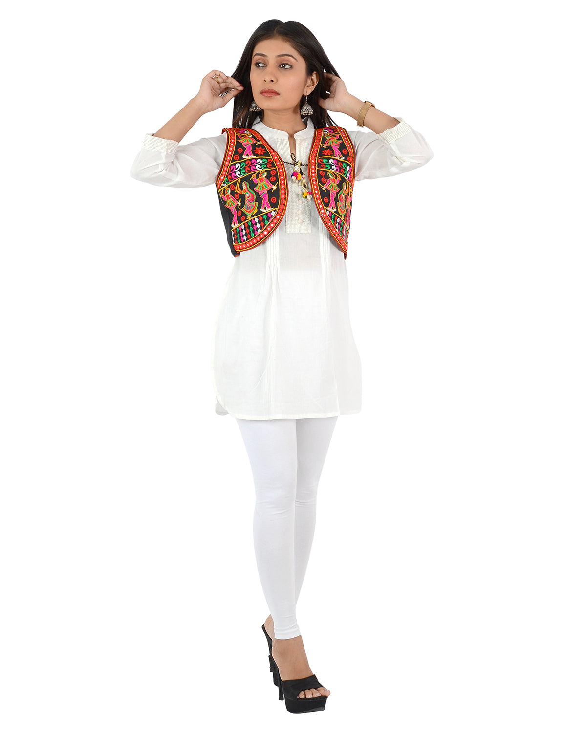 Banjara India Women’s Cotton Blend Kutchi Embroidered Sleeveless Short Ethnic Jacket/Koti (SSE-3003) – Black - Banjara India