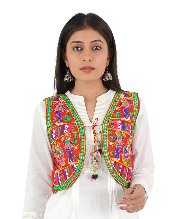 Banjara India Women’s Cotton Blend Kutchi Embroidered Sleeveless Short Ethnic Jacket/Koti (SSE-3003) – Red - Banjara India