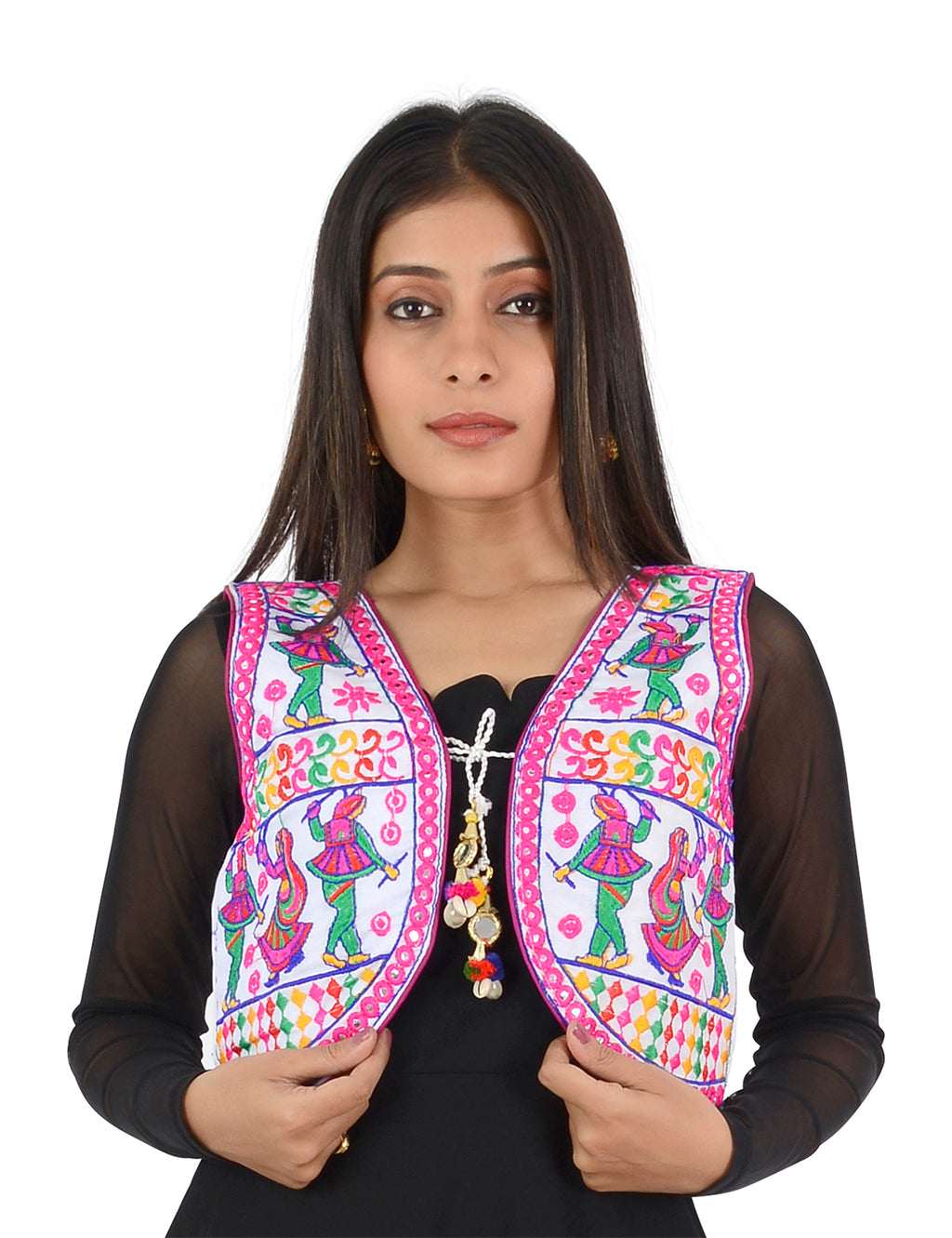 Banjara India Women’s Cotton Blend Kutchi Embroidered Sleeveless Short Ethnic Jacket/Koti (SSE-3003) – White - Banjara India