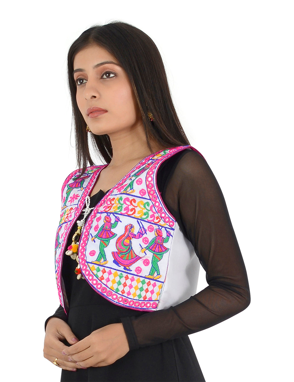 Banjara India Women’s Cotton Blend Kutchi Embroidered Sleeveless Short Ethnic Jacket/Koti (SSE-3003) – White - Banjara India