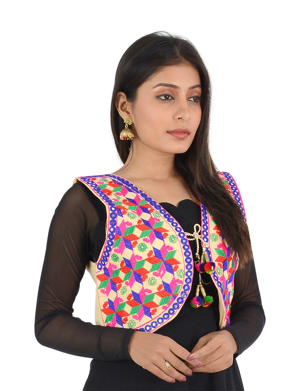 Banjara India Women’s Cotton Blend Kutchi Embroidered Sleeveless Short Ethnic Jacket/Koti (SSE-4004) – Beige - Banjara India