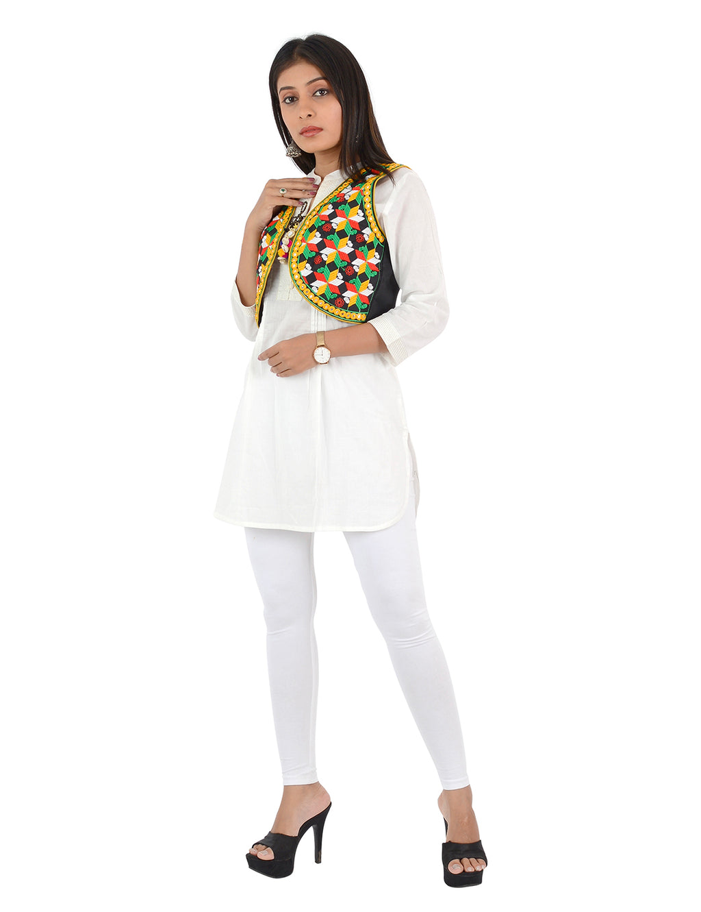Banjara India Women’s Cotton Blend Kutchi Embroidered Sleeveless Short Ethnic Jacket/Koti (SSE-4004) – Black - Banjara India