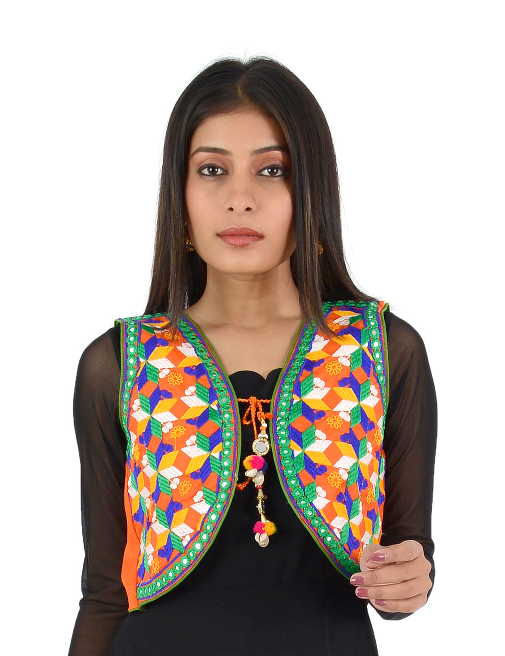 Banjara India Women’s Cotton Blend Kutchi Embroidered Sleeveless Short Ethnic Jacket/Koti (SSE-4004) – Orange - Banjara India