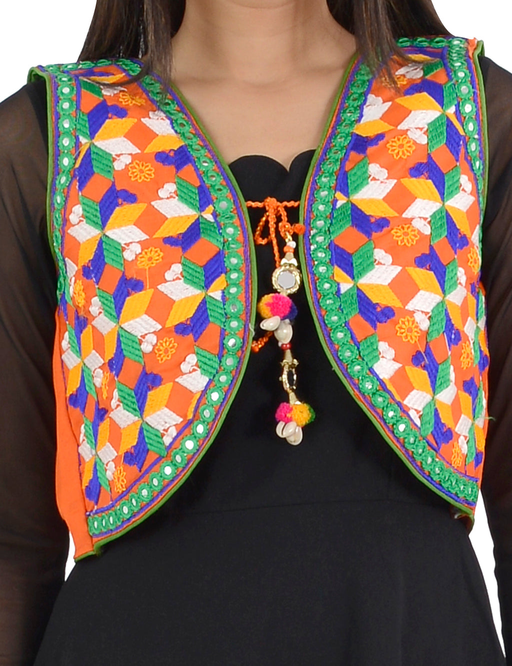 Banjara India Women’s Cotton Blend Kutchi Embroidered Sleeveless Short Ethnic Jacket/Koti (SSE-4004) – Orange - Banjara India