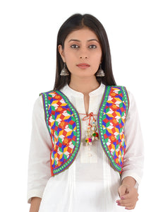 Banjara India Women’s Cotton Blend Kutchi Embroidered Sleeveless Short Ethnic Jacket/Koti (SSE-4004) – Red - Banjara India