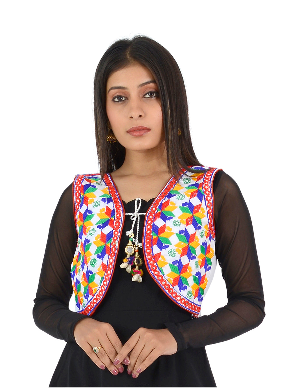 Banjara India Women’s Cotton Blend Kutchi Embroidered Sleeveless Short Ethnic Jacket/Koti (SSE-4004) – White - Banjara India