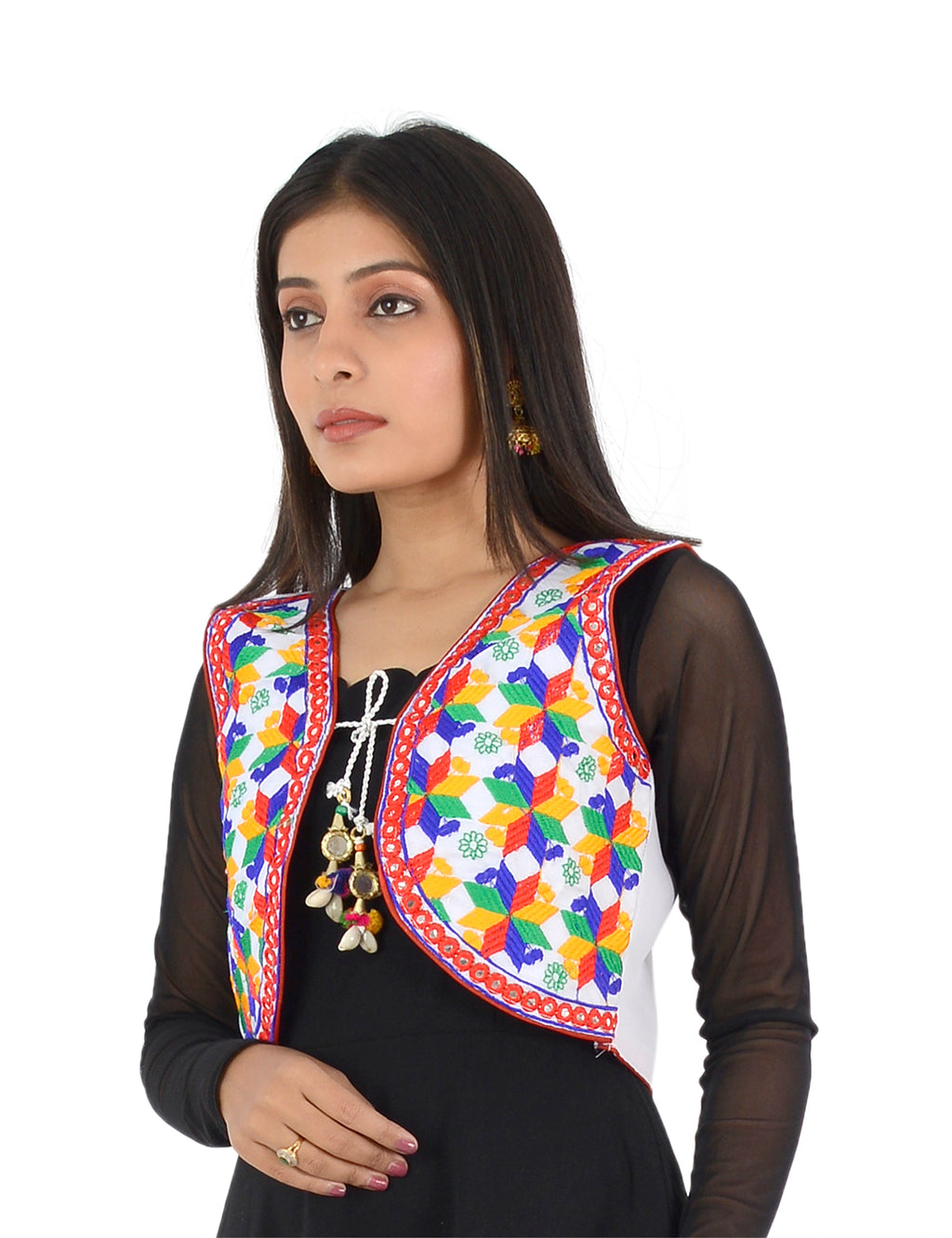 Banjara India Women’s Cotton Blend Kutchi Embroidered Sleeveless Short Ethnic Jacket/Koti (SSE-4004) – White - Banjara India