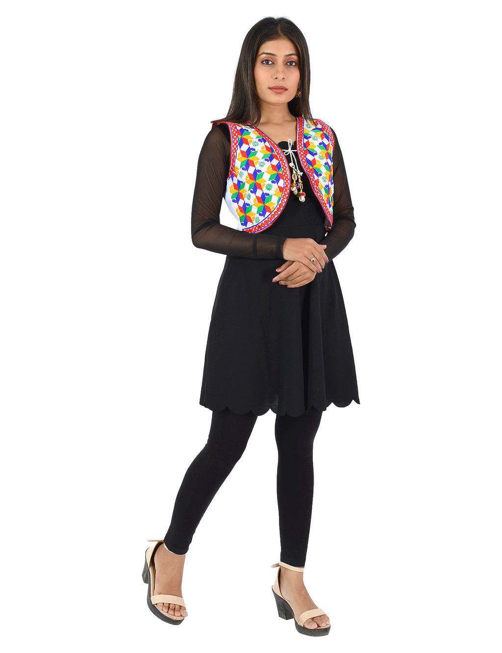 Banjara India Women’s Cotton Blend Kutchi Embroidered Sleeveless Short Ethnic Jacket/Koti (SSE-4004) – White - Banjara India
