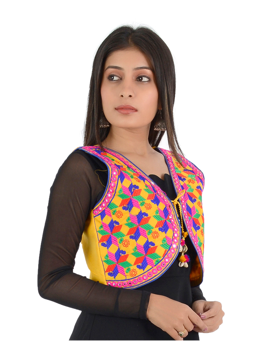 Banjara India Women’s Cotton Blend Kutchi Embroidered Sleeveless Short Ethnic Jacket/Koti (SSE-4004) – Yellow - Banjara India