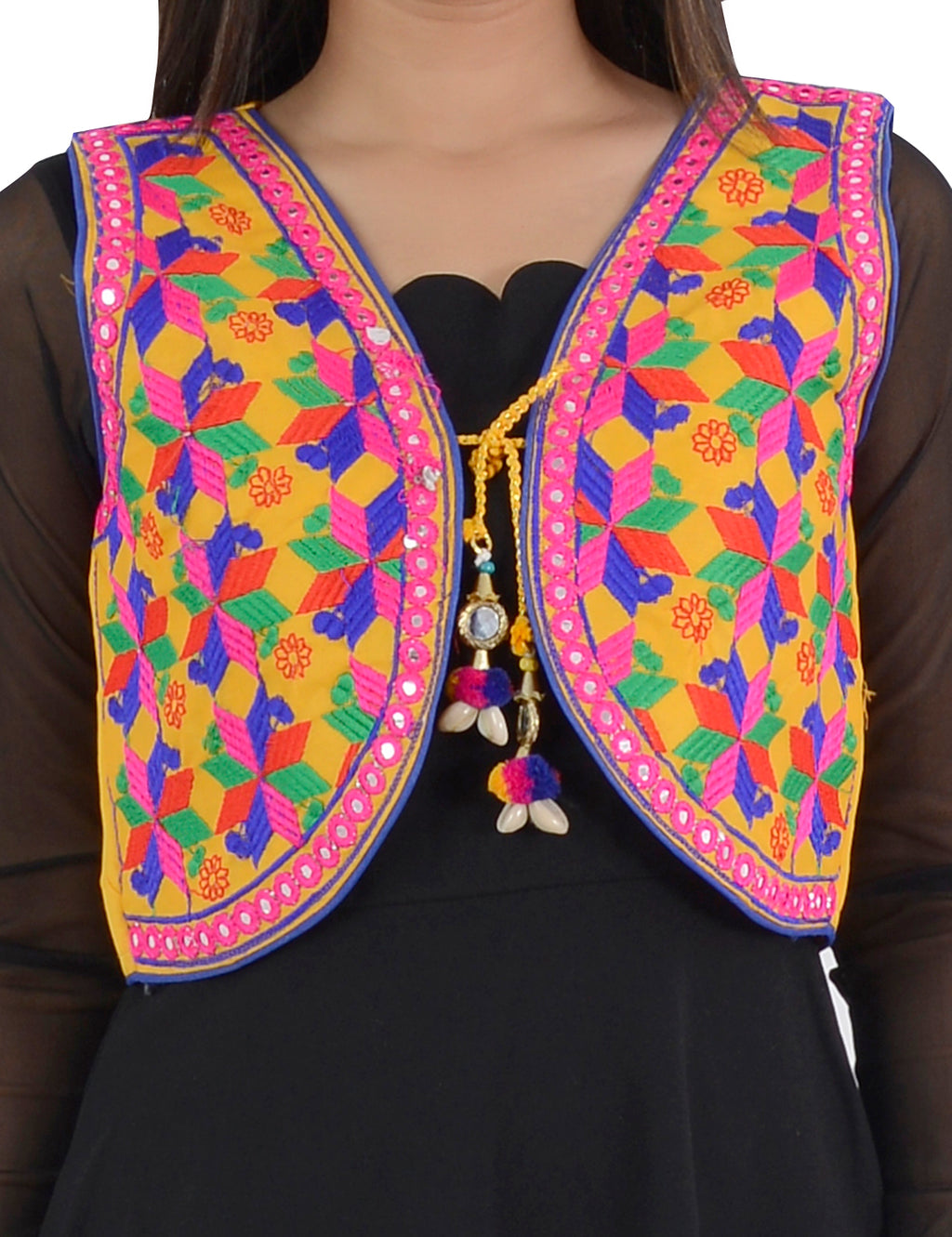 Banjara India Women’s Cotton Blend Kutchi Embroidered Sleeveless Short Ethnic Jacket/Koti (SSE-4004) – Yellow - Banjara India