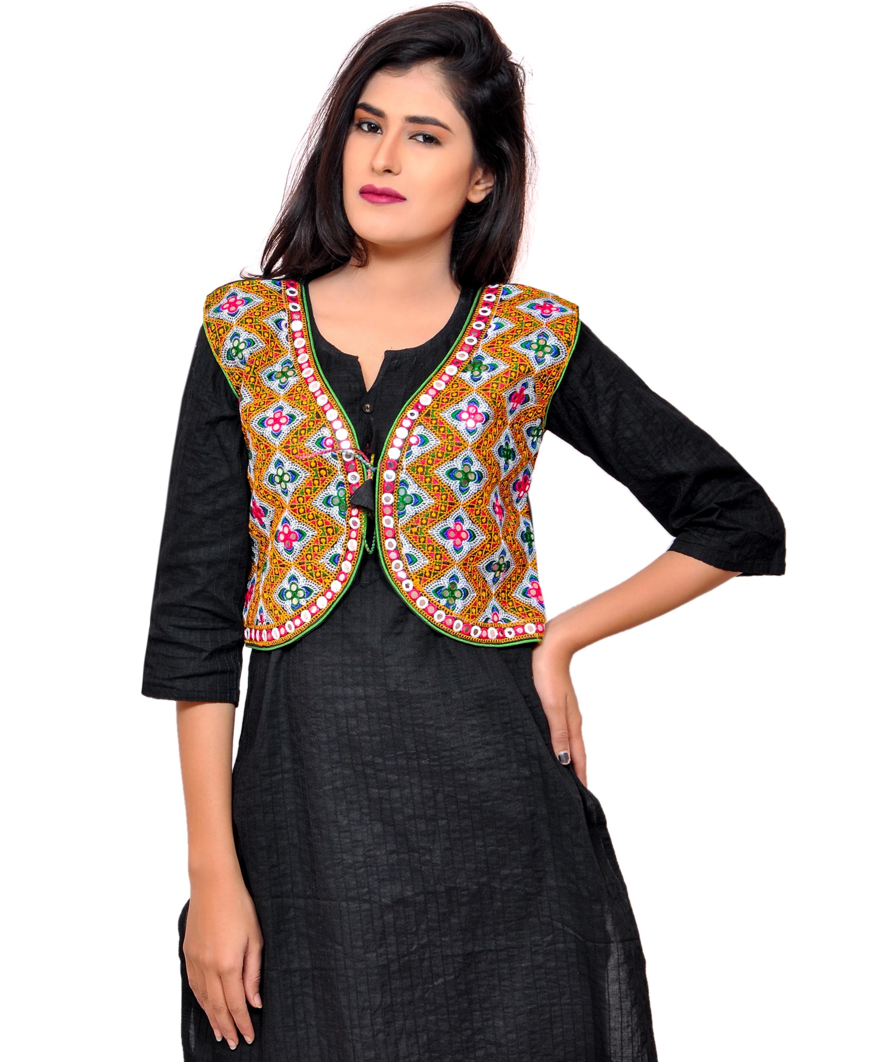 Banjara India Women's Cotton Blend Kutchi Embroidered Sleeveless Short Jacket/Koti/Shrug (Gamthi) - SSP-GAM01 - Banjara India