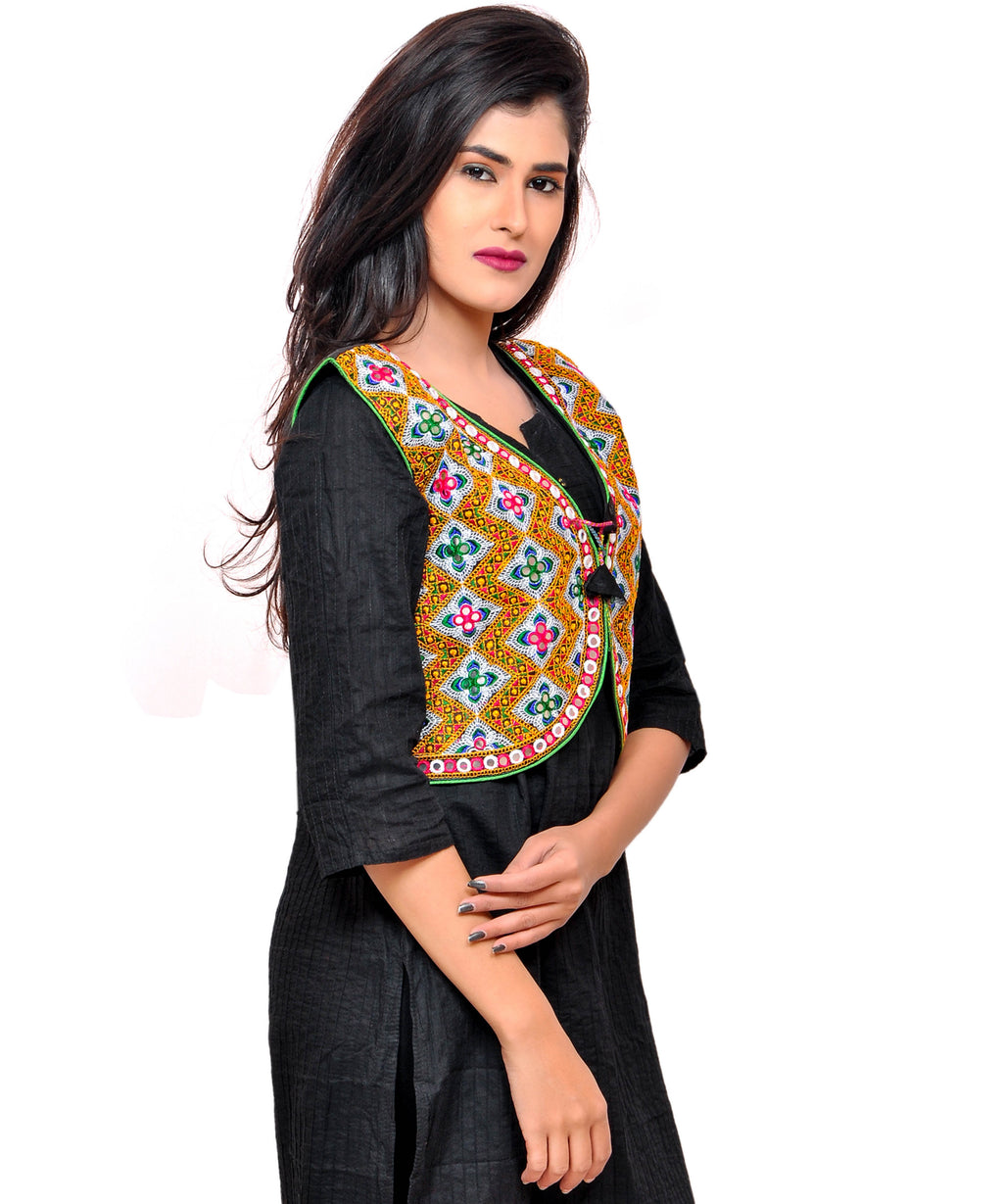 Banjara India Women's Cotton Blend Kutchi Embroidered Sleeveless Short Jacket/Koti/Shrug (Gamthi) - SSP-GAM01 - Banjara India